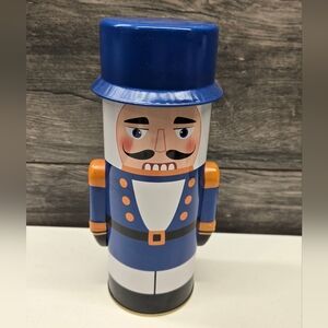 9.5" blue and white nutcracker tin canister Christmas Cookie Container